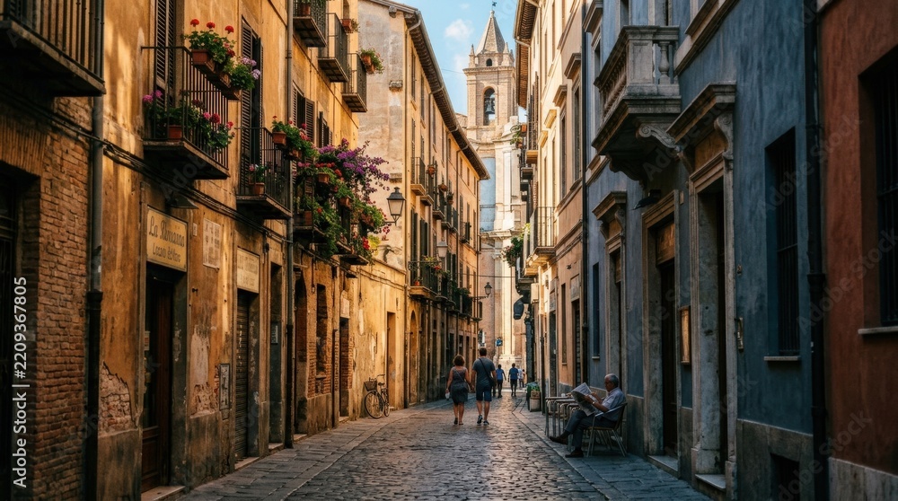 Fototapeta premium Historic urban buildings lining a narrow sunlit street, cinematic travel photography, warm ochre, terracotta and shadowed blue palette, rich architectural texture, cultural tourism and European-style