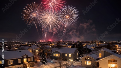 Colorful New Year fireworks burst above a snowy residential neighborhood at night