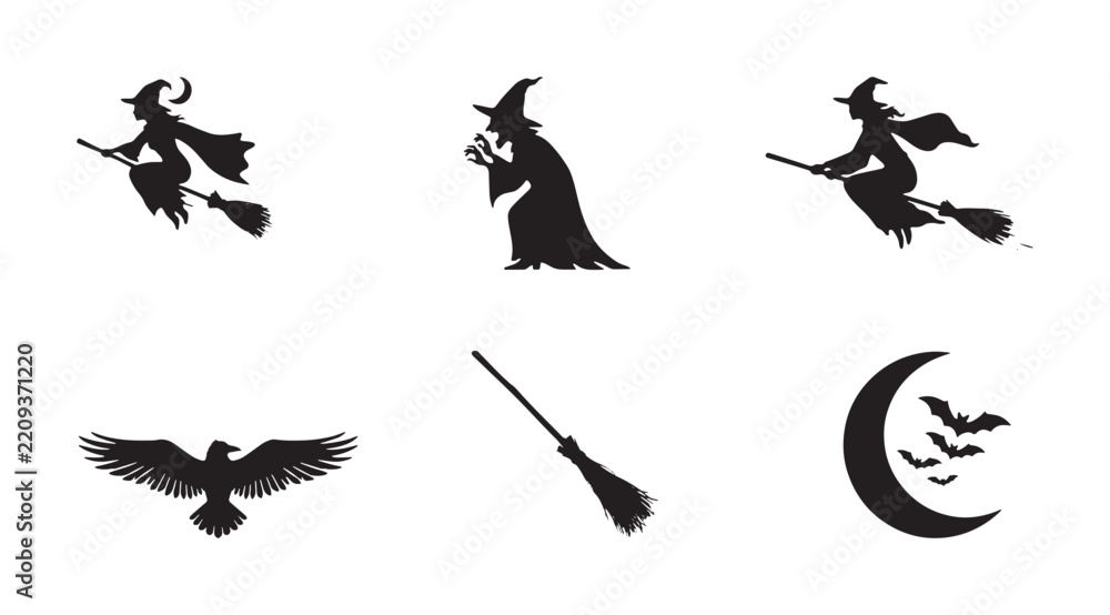 Fototapeta premium Witches and black magic symbols depicted as a collection of dark silhouettes featuring flying broomsticks and crescent moon.