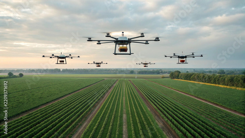 Autonomous agricultural drones flying over lush green field during sunrise, enhancing farming efficiency