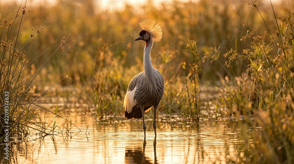 Fototapeta premium Grey crowned crane standing in wetland water at sunset