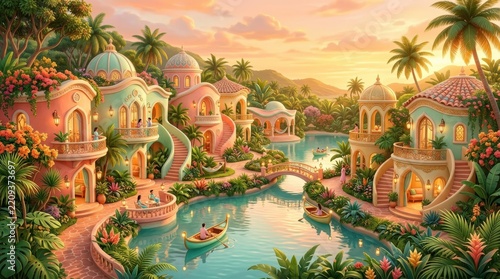 Whimsical tropical architectural scene bathed in warm peach light, lush greenery around curved pastel structures, dreamy 3D illustration, coral, mint and gold palette, resort and escapism concept.
