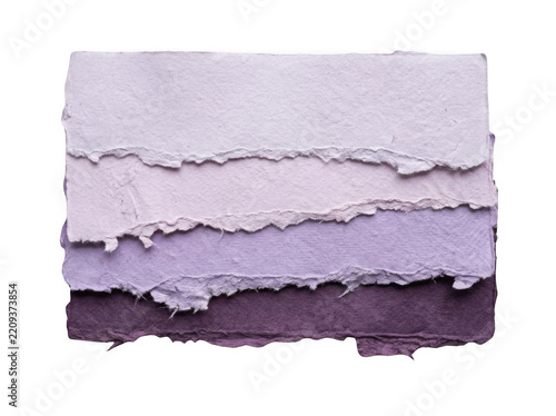 Layered purple handmade paper stack with torn deckle edges on transparent background