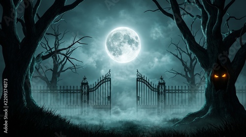Open wrought iron cemetery gate standing in a dark misty forest under a bright full moon with stands foggy forest