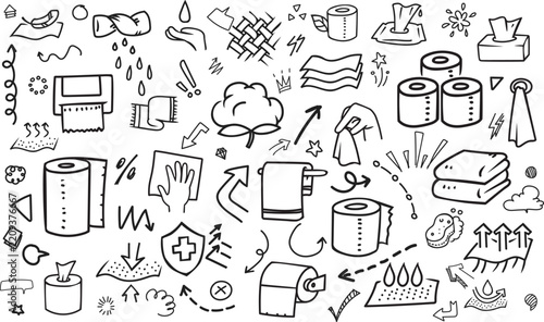 Sanitary tissue paper and household cleaning doodle horizontal banner