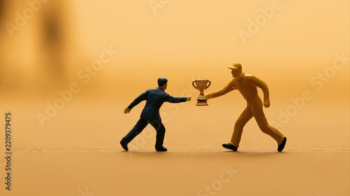 Motivational boost through reward concept miniature figures exchanging a trophy