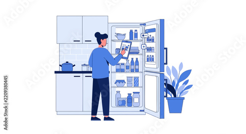 Woman Using Tablet for Smart Refrigerator Inventory Management, IoT Home Automation Kitchen Illustration