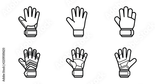 Line art illustrations of goalkeeper gloves on a white background