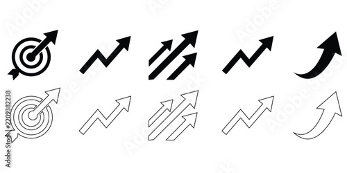 Growth trend and upward progress arrow icons for business success, financial improvement, analytics and performance vector set