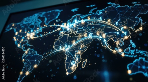 Digital cross-border payment flow with glowing currency symbols and arrows moving across a world map projection