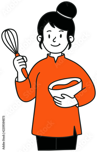 Female Chef Holding Whisk and Mixing Bowl Illustration