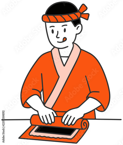 Japanese Sushi Chef Rolling Nori Mat Illustration