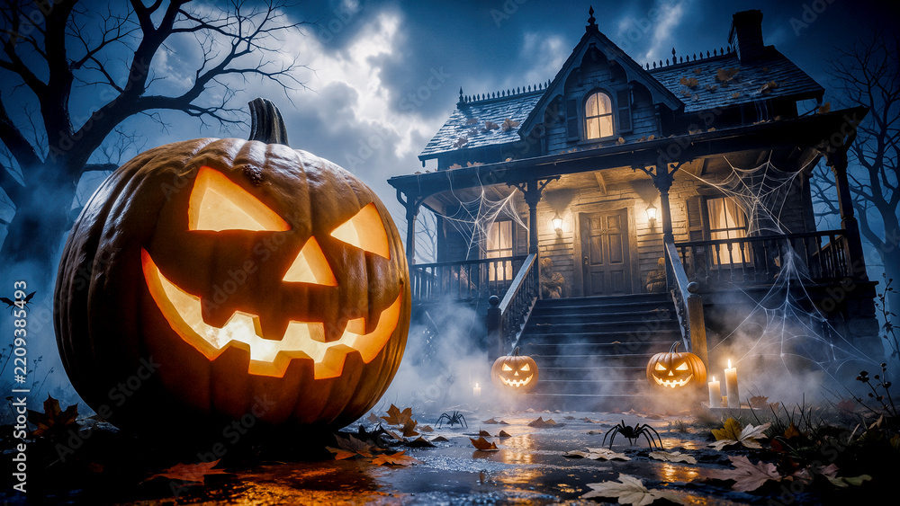 Obraz premium Zucca di Halloween gigante davanti a casa stregata con ragnatele e nebbia