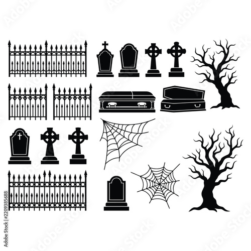 Halloween Silhouette Elements Vector Set. Coffin, Graveyard, Spooky Pumpkin, Witch, Witch Hat
