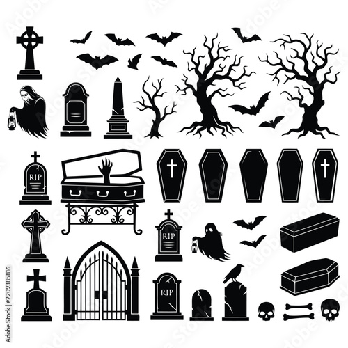 Halloween Silhouette Elements Vector Set. Coffin, Graveyard, Spooky Pumpkin, Witch, Witch Hat