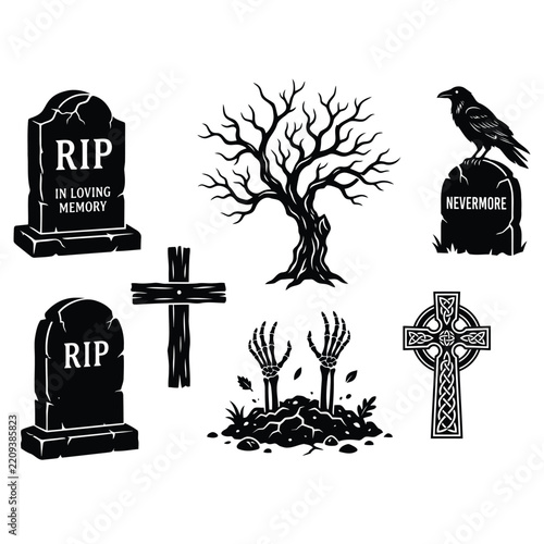 Halloween Silhouette Elements Vector Set. Coffin, Graveyard, Spooky Pumpkin, Witch, Witch Hat