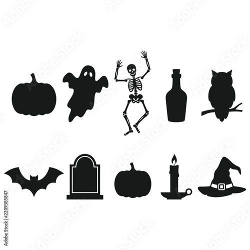 Halloween Silhouette Elements Vector Set. Coffin, Graveyard, Spooky Pumpkin, Witch, Witch Hat