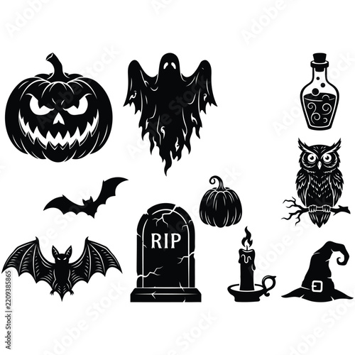 Halloween Silhouette Elements Vector Set. Coffin, Graveyard, Spooky Pumpkin, Witch, Witch Hat