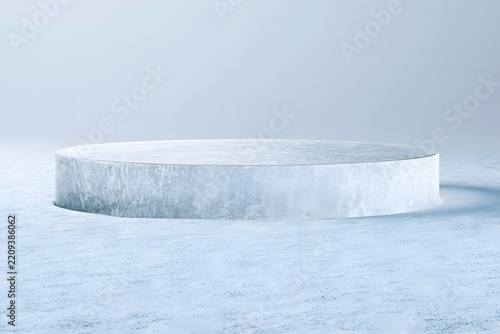 A sleek crystal ice pedestal rests on fresh snow under soft studio lighting  ideal for luxury winter product displays