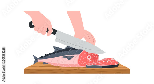 Chef Hands Slicing Fresh Tuna Fish Steak on Wooden Cutting Board Vector Illustration
