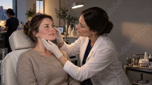 Dermatologist examining patient with rosacea in clinic