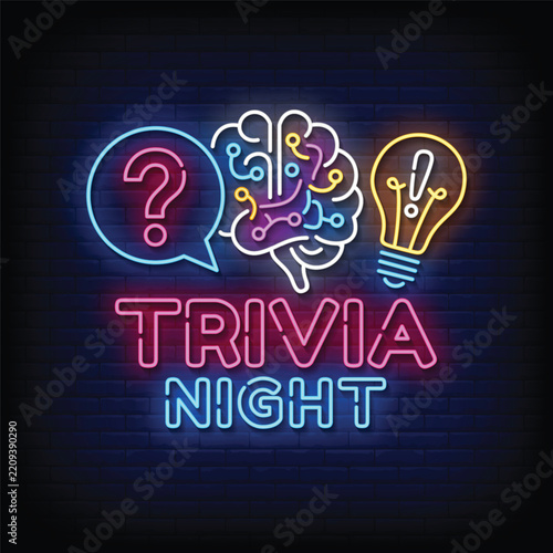 Trivia Night neon sign text with brain, question mark bubble, and light bulb icons on dark brick wall background for pub quiz, game night, and event promotion