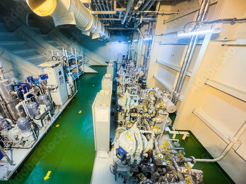 Obraz na plátně Interior of a ship auxiliary compartment showing line of marine fuel oil purifiers and industrial pumping equipment