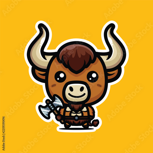 Cute chibi bull knight armed with an axe