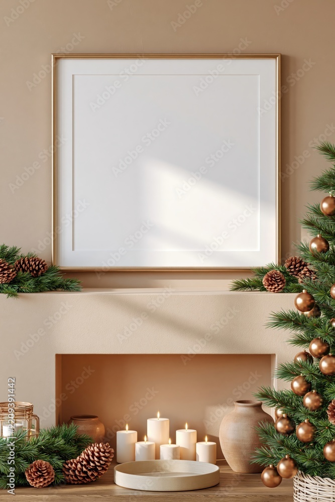 Fototapeta premium Blank framed poster mockup over fireplace mantel with warm christmas decorations