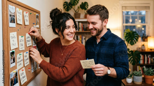 Couple planning future goals and dreams on a corkboard with photos and notes