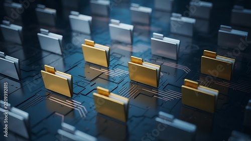 Digital Data Management Concept Featuring Golden And Silver Virtual File Folders Arranged On A Futuristic Circuit Board Surface