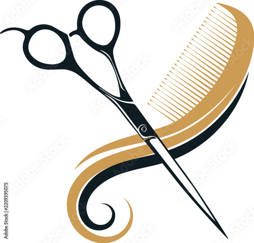 Elegant hairdressing scissors and a lock of hair