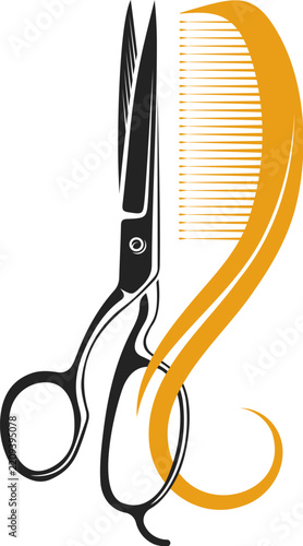 Silhouette of hairstylist's scissors and a lock of hair