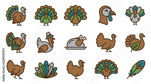 Thanksgiving: Colorful cartoon turkeys and poultry icons set