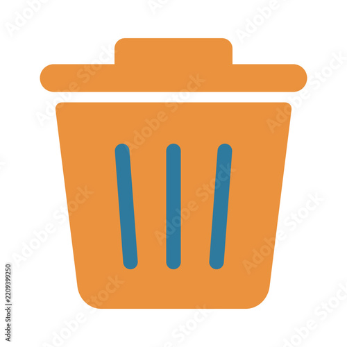 Minimalist flat trash can icon. Orange waste bin with blue vertical lines. Clean vector style graphic for website user interface and mobile app design.