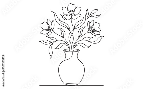 Continuous single line drawing of a beautiful flower bouquet in a glass vase for home interior decor wall art