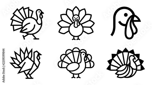 Thanksgiving: Simple black and white turkey icons in various styles