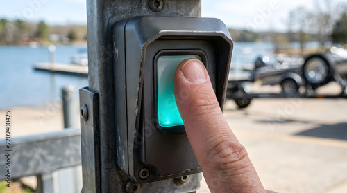 Finger pressing a glowing green weatherproof button on a metal post