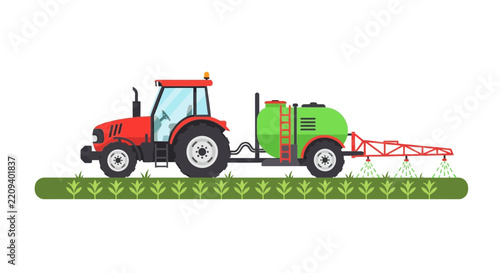 Modern Red Tractor with Fertilizer Sprayer Vector Illustration - Flat Agricultural Machine Spraying Crops in Field