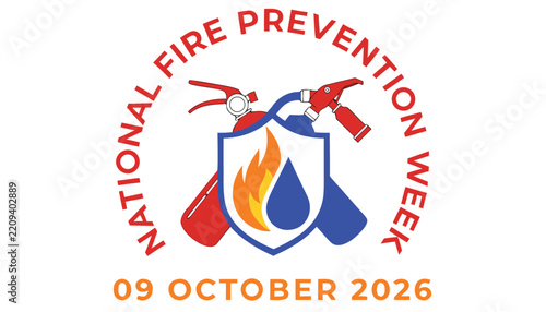 National fire prevention week emblem with colorful extinguishers and flames