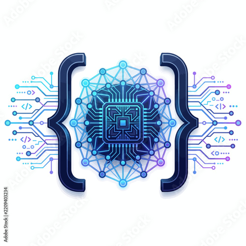 Abstract circuit design featuring a central processor and code symbols  AI Coding Assistant