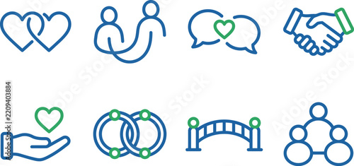 Interpersonal Relationship Line Vector Icons, Handshake Agreement, Heart Love and Teamwork Unity Set