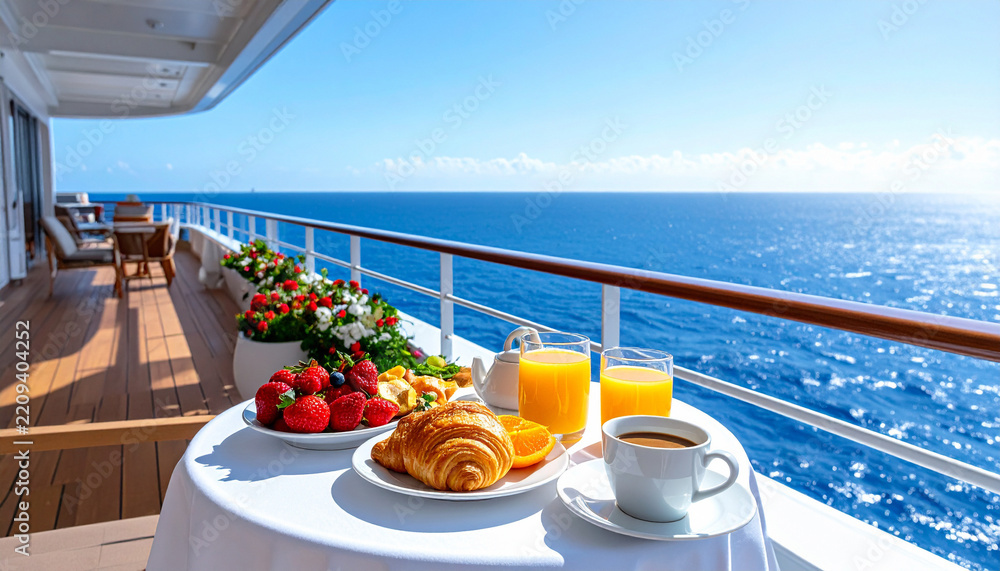 Fototapeta premium A luxurious breakfast set with coffee, juice, and fresh fruit on a cruise balcony overlooking the deep blue sea. Nobody is present, evoking peaceful travel, relaxation, and vacation bliss.