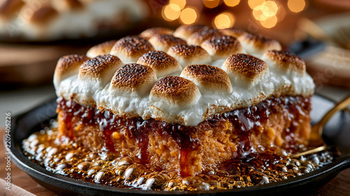 Sweet s'mores dessert dip with roasted marshmallows and melted chocolate in a cast iron skillet