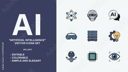 Artificial Intelligence Vector Icon Set - AI Technology, Robot, Neural Network & Cybernetics Line Icons