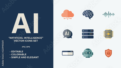 Artificial Intelligence Vector Icon Set - AI Technology, Robot, Neural Network & Cybernetics Line Icons
