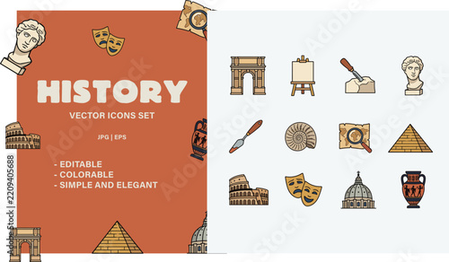 History and Archaeology Vector Icon Set - Ancient Rome, Statue, Colosseum, Pyramid & Artifacts