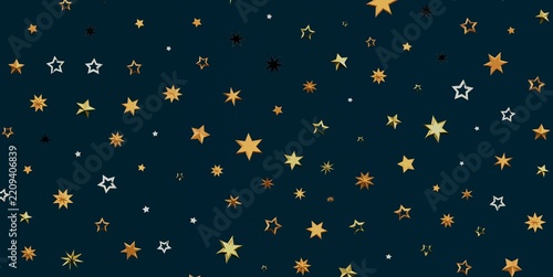 A beautiful pattern of golden, silver, and dark stars on a deep blue background.