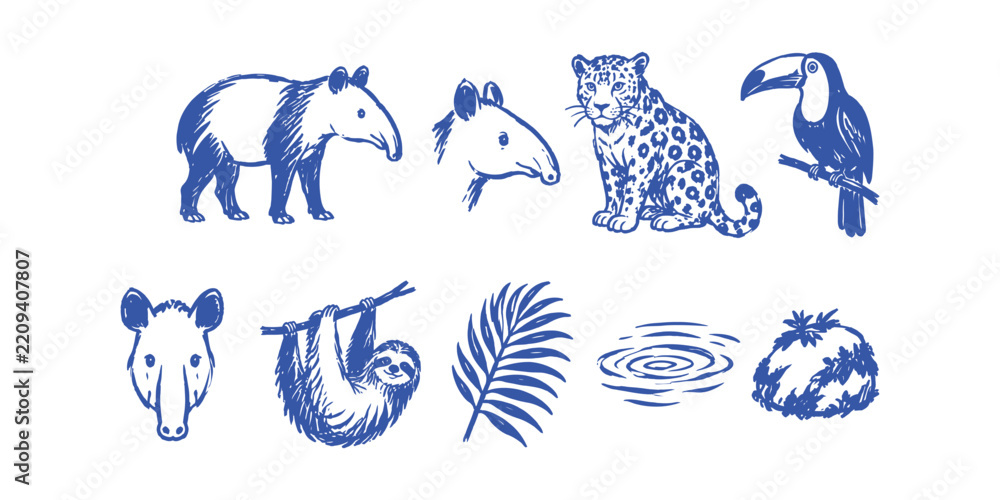 Obraz premium South American tapir jaguar and Amazon wildlife elements doodle set Vector Illustration