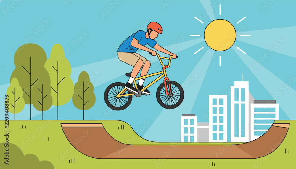 Obraz premium Biker performing an impressive high jump on a bicycle at an outdoor skatepark with city buildings and a bright sun in the background.